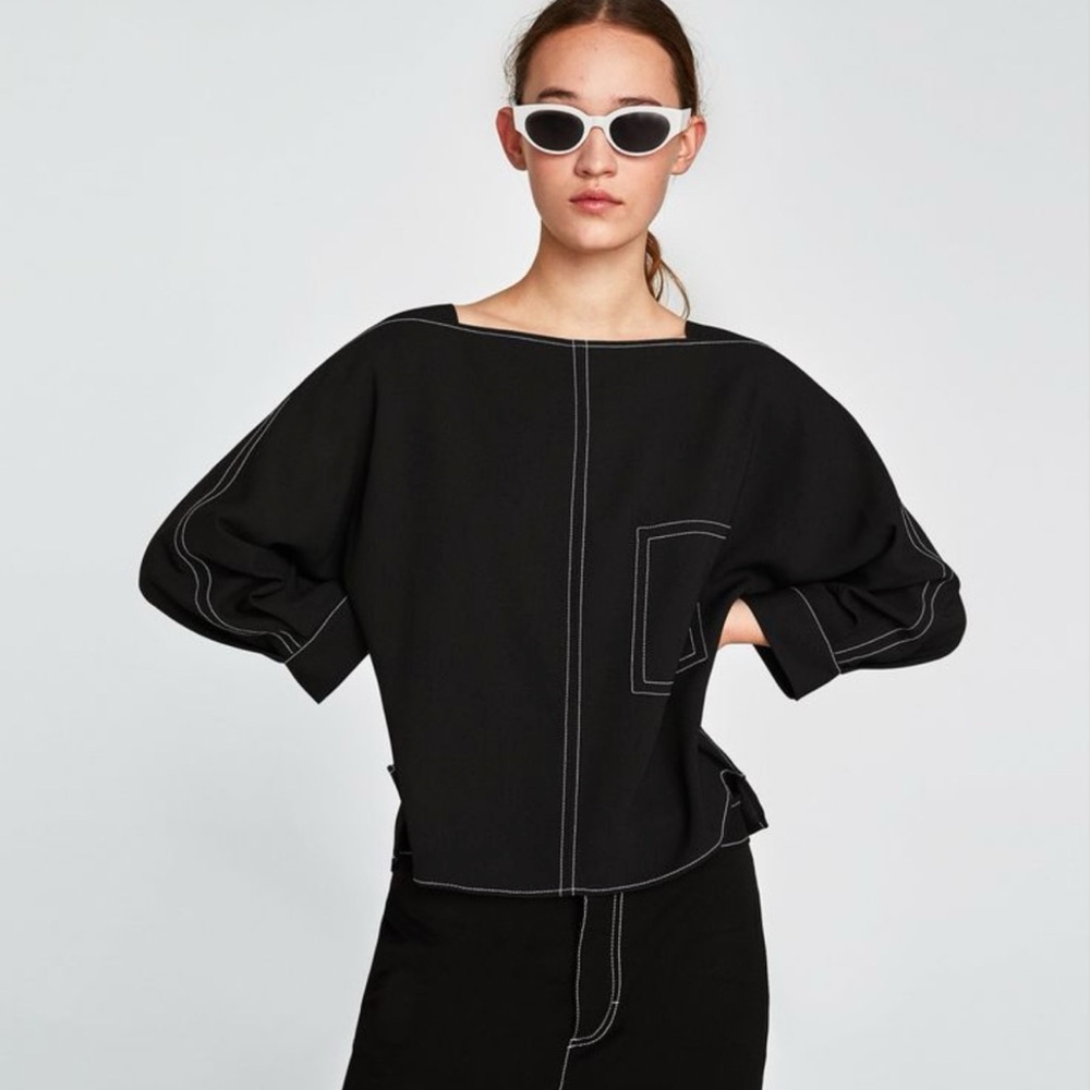ZARA Black Boxy Top with Contrast Stitching